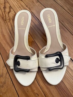 Fendi Ivory Slide Mules with Black Buckle Accent